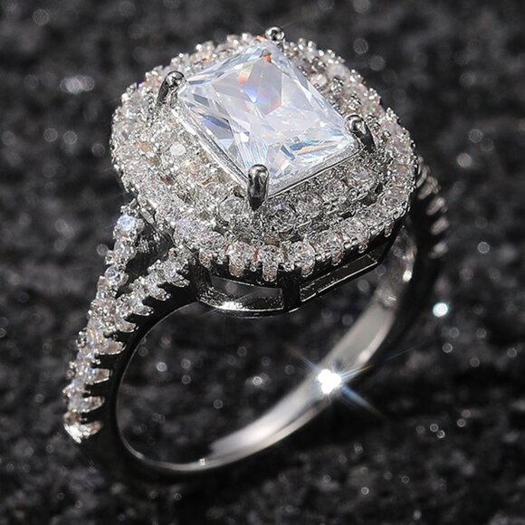 🔥DOUBLE LAYER 14K WHITE GOLD RADIANT CUT PURE CZ LUXURY WEDDING RING, K856 - Picture 1 of 6